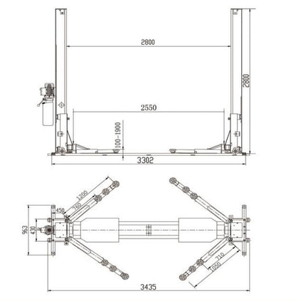 4.5 Ton 2 Post Base Plate Car Hoist dual point release Model TCH YL140B