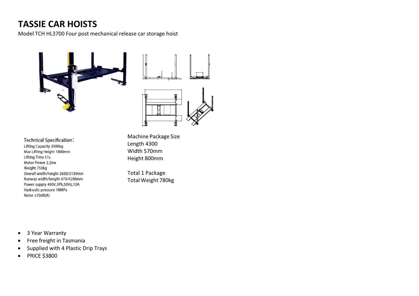 3.5 T 4 Post Car Storage hoist Model TCH HL3700